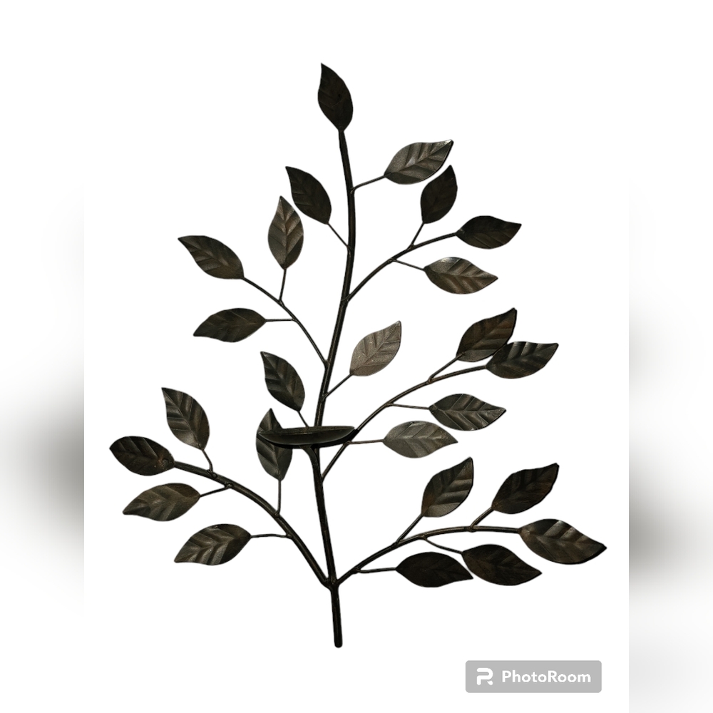 Set of 2.  Dark Brown Metal Leaf Candle Scones,  Wall Decor